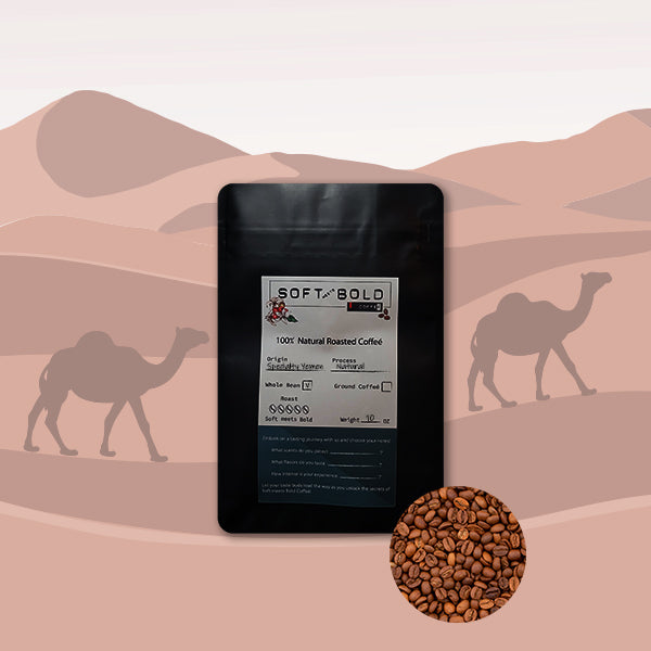 10oz bag of Soft Meets Bold specialty Yemen coffee, whole bean roast, displayed with a desert-inspired background featuring camels.