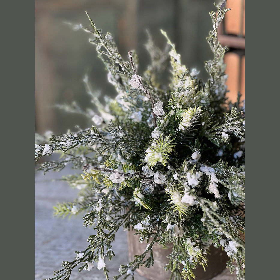 Frosted evergreen arrangement with a white snow-covered finish, perfect for elegant home decor.