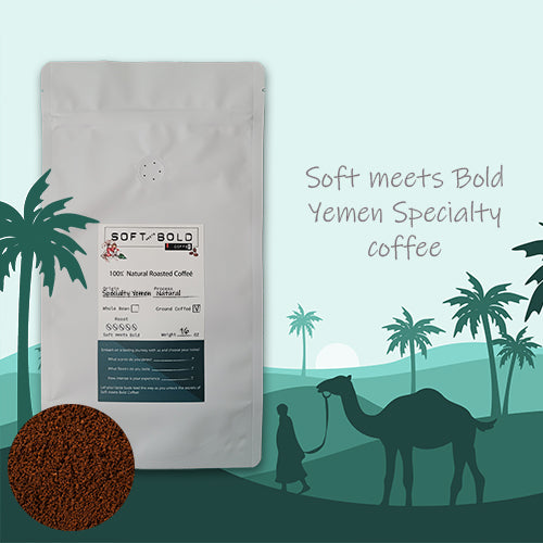 16oz bag of Soft Meets Bold Yemen ground specialty coffee, featured against a stylized desert background with camels and palm trees.
