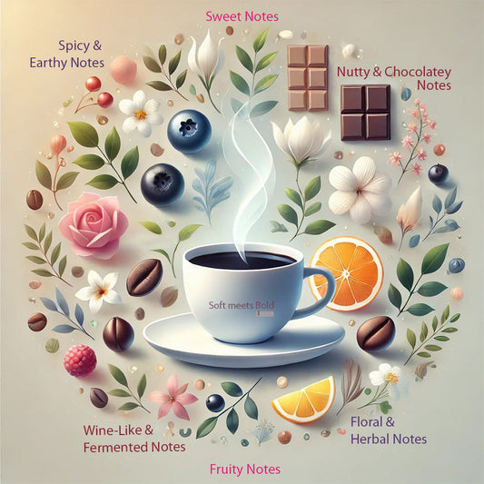 Illustration of coffee flavor notes, including sweet, nutty & chocolatey, fruity, floral & herbal, spicy & earthy, and wine-like & fermented notes, surrounding a steaming cup of black coffee.