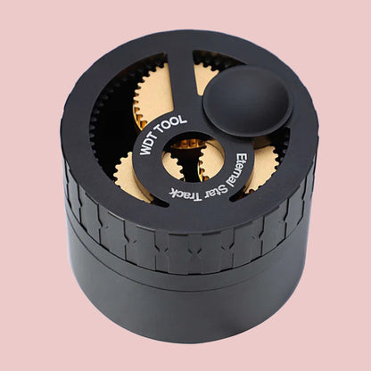 Black 54mm coffee distributor with Star Track gear design and adjustable depth