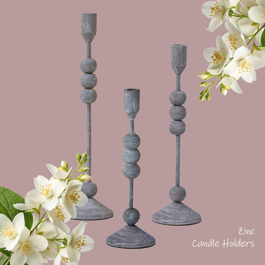 Set of 3 zinc candle holders in tall, medium, and short sizes with floral styling – Petra Line decor