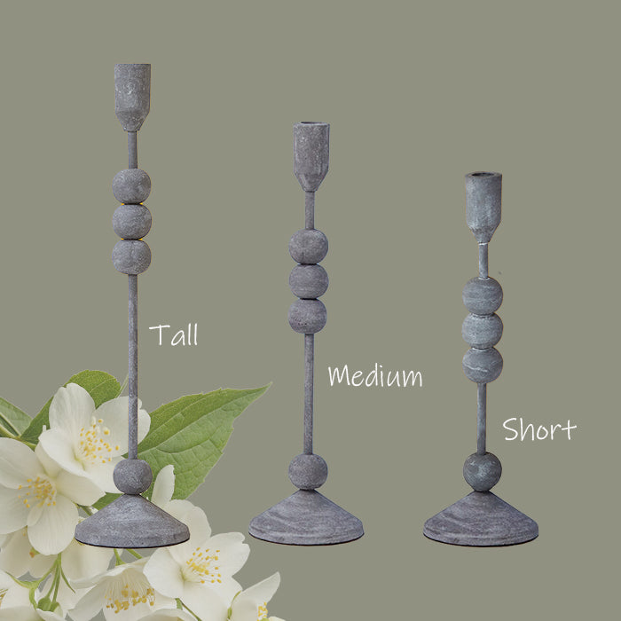 Petra zinc candle holder trio – labeled tall, medium, short – industrial decor